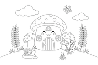 A tiny mushroom house with a door and window – Mushroom Garden coloring page