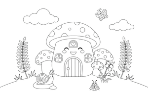 A tiny mushroom house with a door and window – Mushroom Garden coloring page