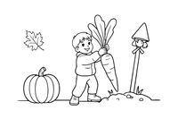 A child pulling a big carrot out of the ground by its leafy top – Autumn Harvest coloring page