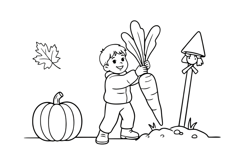 A child pulling a big carrot out of the ground by its leafy top – Autumn Harvest coloring page
