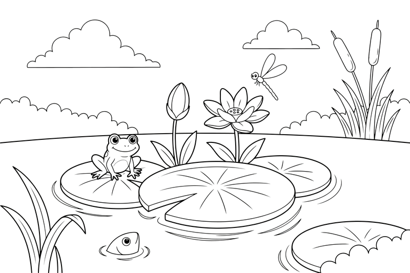 Several lily pads and flowers spread across the pond – Water Plants coloring page