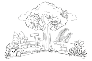 A tall oak tree with a wide leafy crown – Forest Plant Wonders coloring page