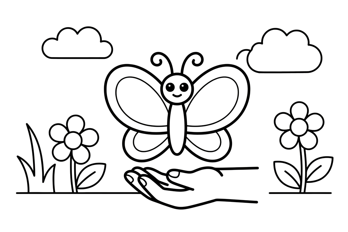 Butterfly resting on a child's hand – Butterfly In Floral Scenes coloring page