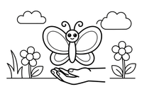 Butterfly resting on a child's hand – Butterfly In Floral Scenes coloring page