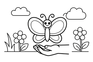 Butterfly resting on a child's hand – Butterfly In Floral Scenes coloring page