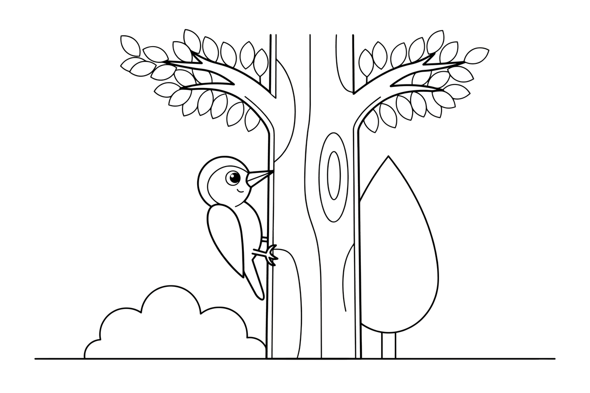 A woodpecker pecking at a tree trunk – Lithuanian Bird Collection coloring page