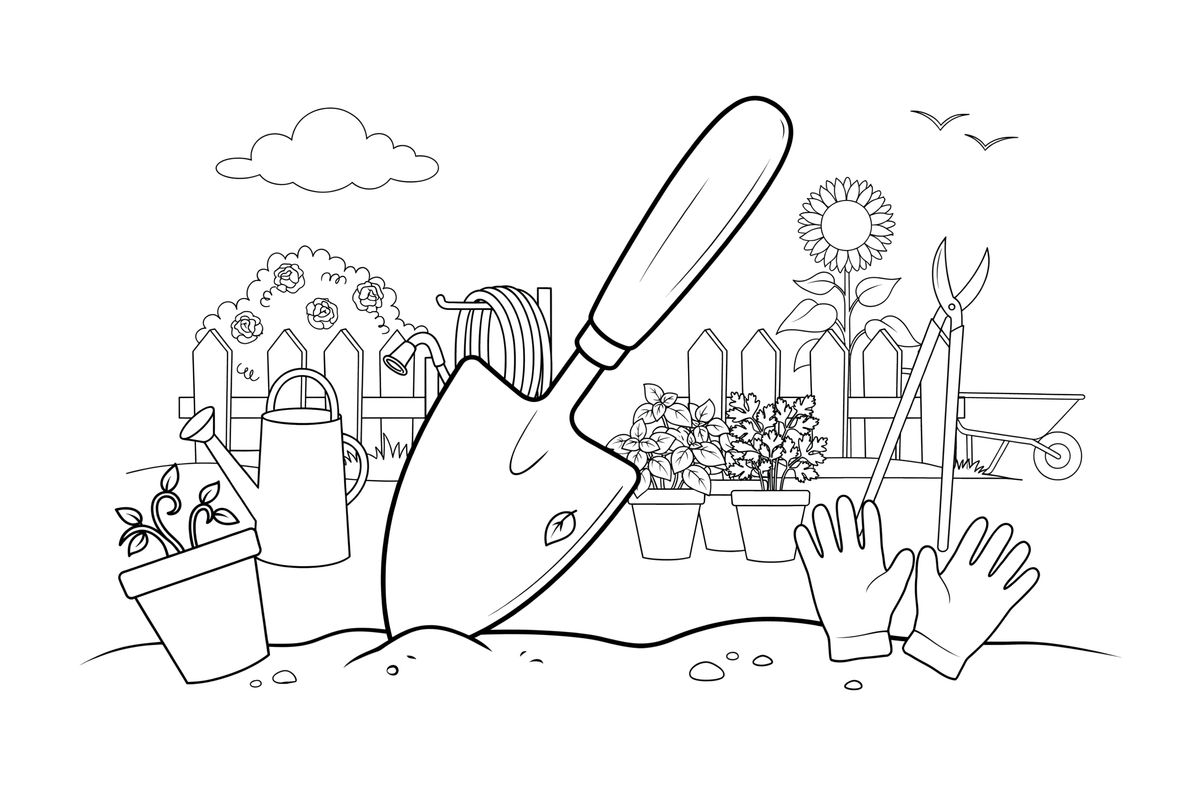A little garden trowel digging in the soil – Classic Garden Tools coloring page