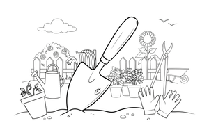 A little garden trowel digging in the soil – Classic Garden Tools coloring page