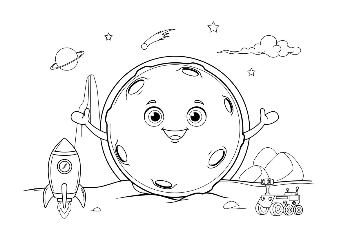 A close-up of the mars planet with big simple craters (outlined, empty) – Mars coloring page