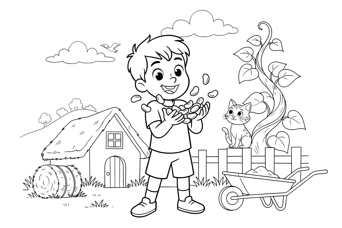 A happy boy holding a handful of magic beans – Jack and the Beanstalk Story coloring page