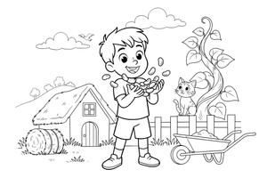 A happy boy holding a handful of magic beans – Jack and the Beanstalk Story coloring page