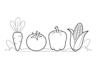 A row of different vegetables side by side: carrot, tomato, pepper and corn – Vegetables Coloring Pages Fresh Set coloring page