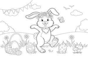 A bunny wearing a flower crown – Easter Bunny and Eggs coloring page