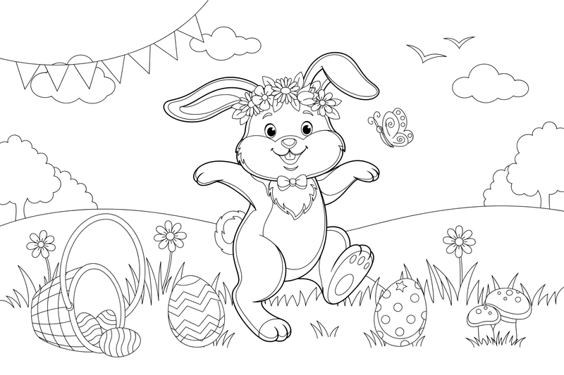 A bunny wearing a flower crown – Easter Bunny and Eggs coloring page