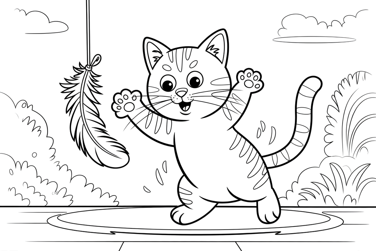 Tabby Cat batting at a hanging feather – Tabby Cat at Play coloring page