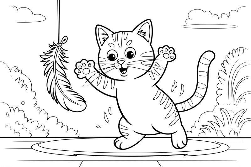 Tabby Cat batting at a hanging feather – Tabby Cat at Play coloring page