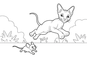 Sphynx jumping after the mouse running – Sphynx Cat in Motion coloring page