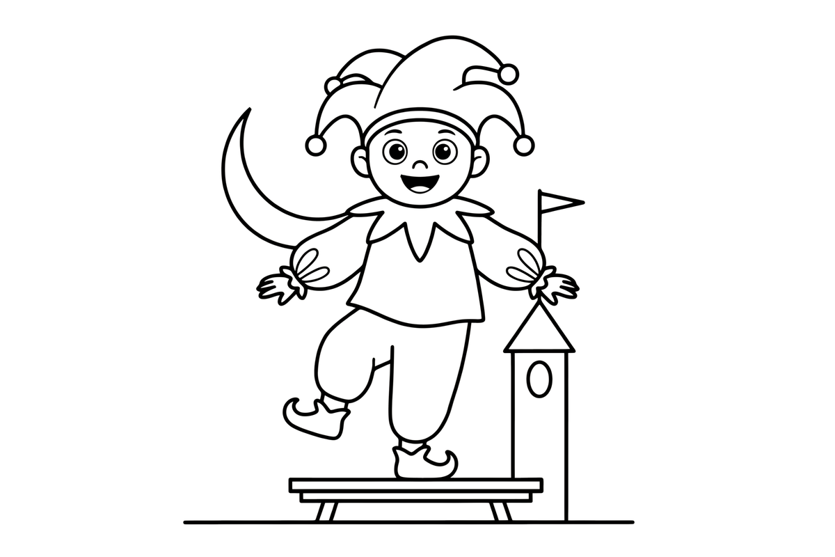 A jester balancing on one foot with a big grin – Enchanted Magic Folk Fairytale Characters coloring page