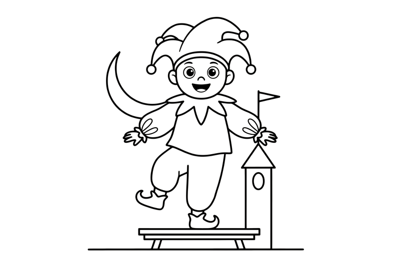 A jester balancing on one foot with a big grin – Enchanted Magic Folk Fairytale Characters coloring page