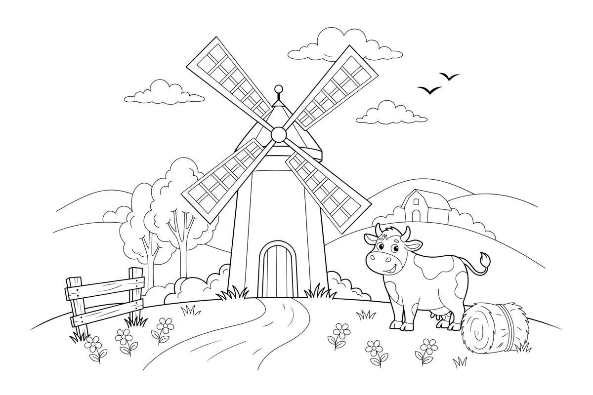 A windmill with a cow in the field – Windmill coloring page