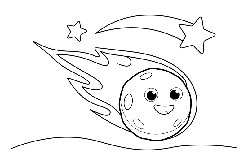 One big meteor with a fiery tail, close up – Exploring Space Objects coloring page