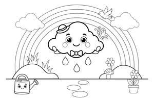 A little cloud raining under a bright rainbow – Rainbow coloring page