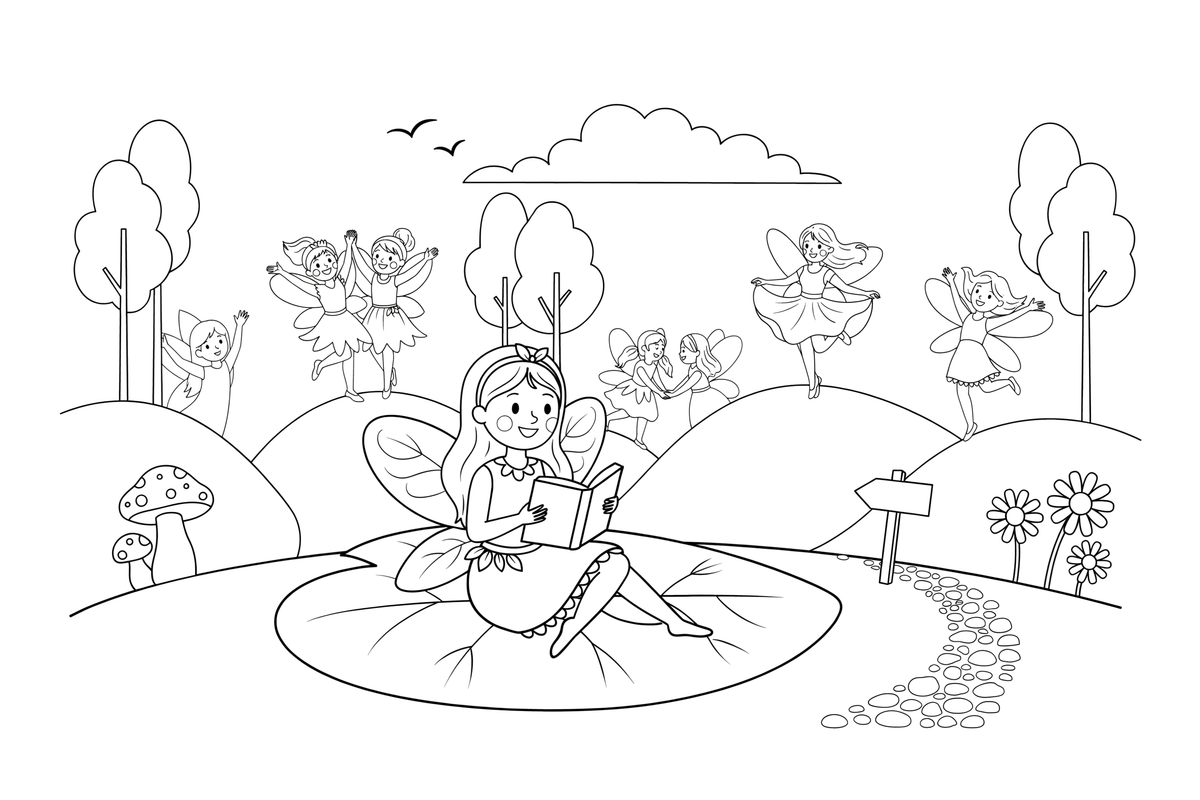 A fairy reading a book on a big leaf – Dancing Fairy Fairies coloring page