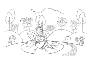 A fairy reading a book on a big leaf – Dancing Fairy Fairies coloring page
