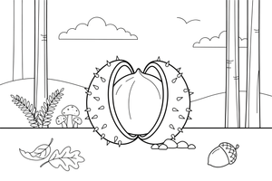 A shiny chestnut with its spiky shell open – Nature treasures coloring page