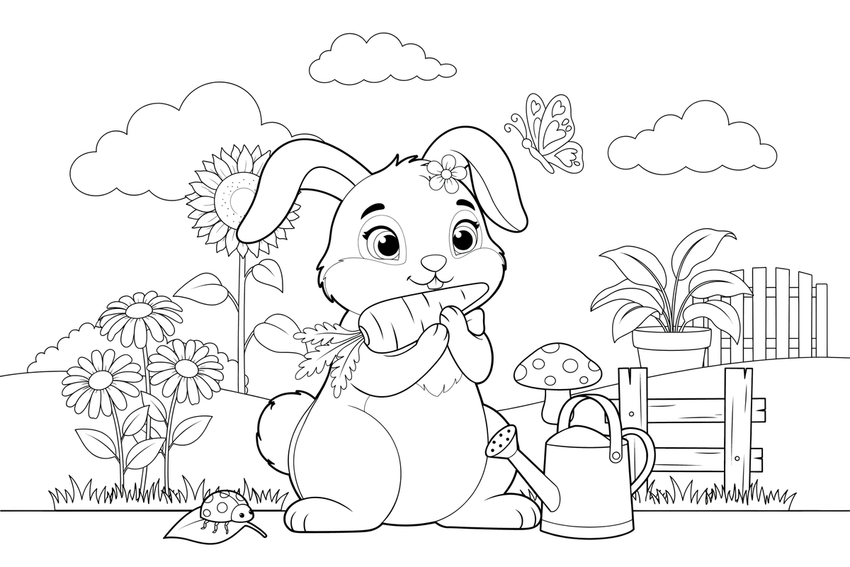 A bunny nibbling a carrot in a garden – Playful Bunny Pet coloring page