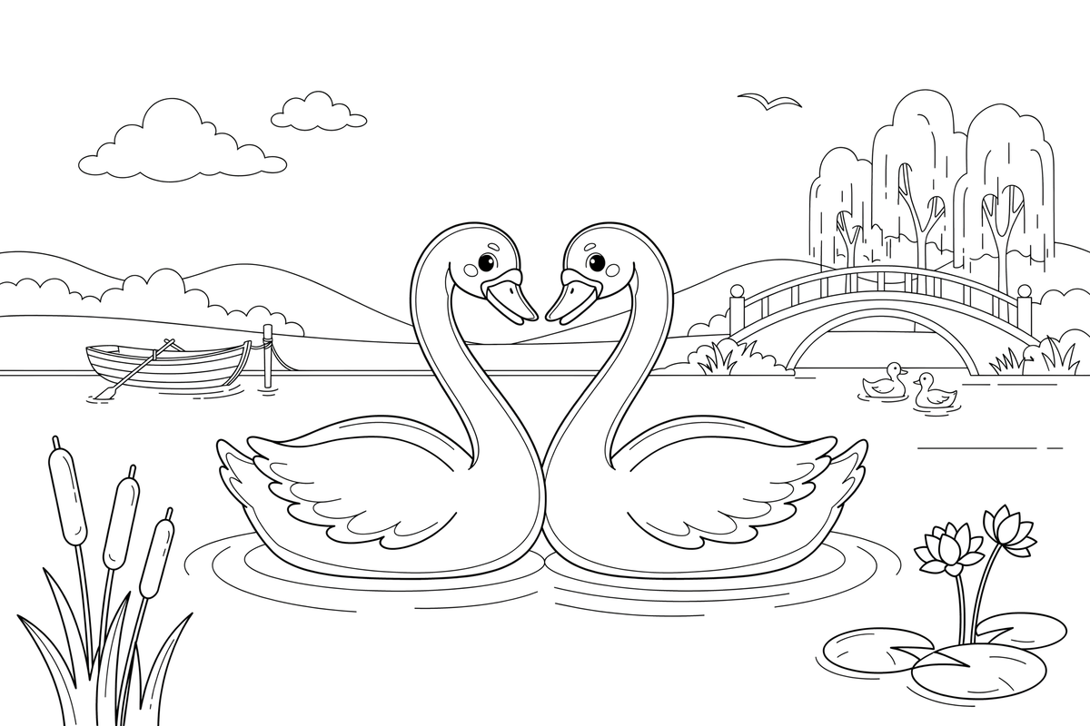 Two swans forming a heart with their necks – Elegant Swan Bird coloring page