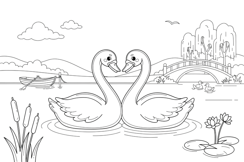 Two swans forming a heart with their necks – Elegant Swan Bird coloring page