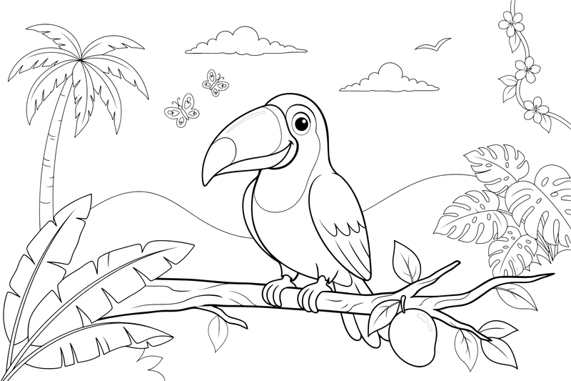 A toucan perched on a jungle branch – Toucan coloring page