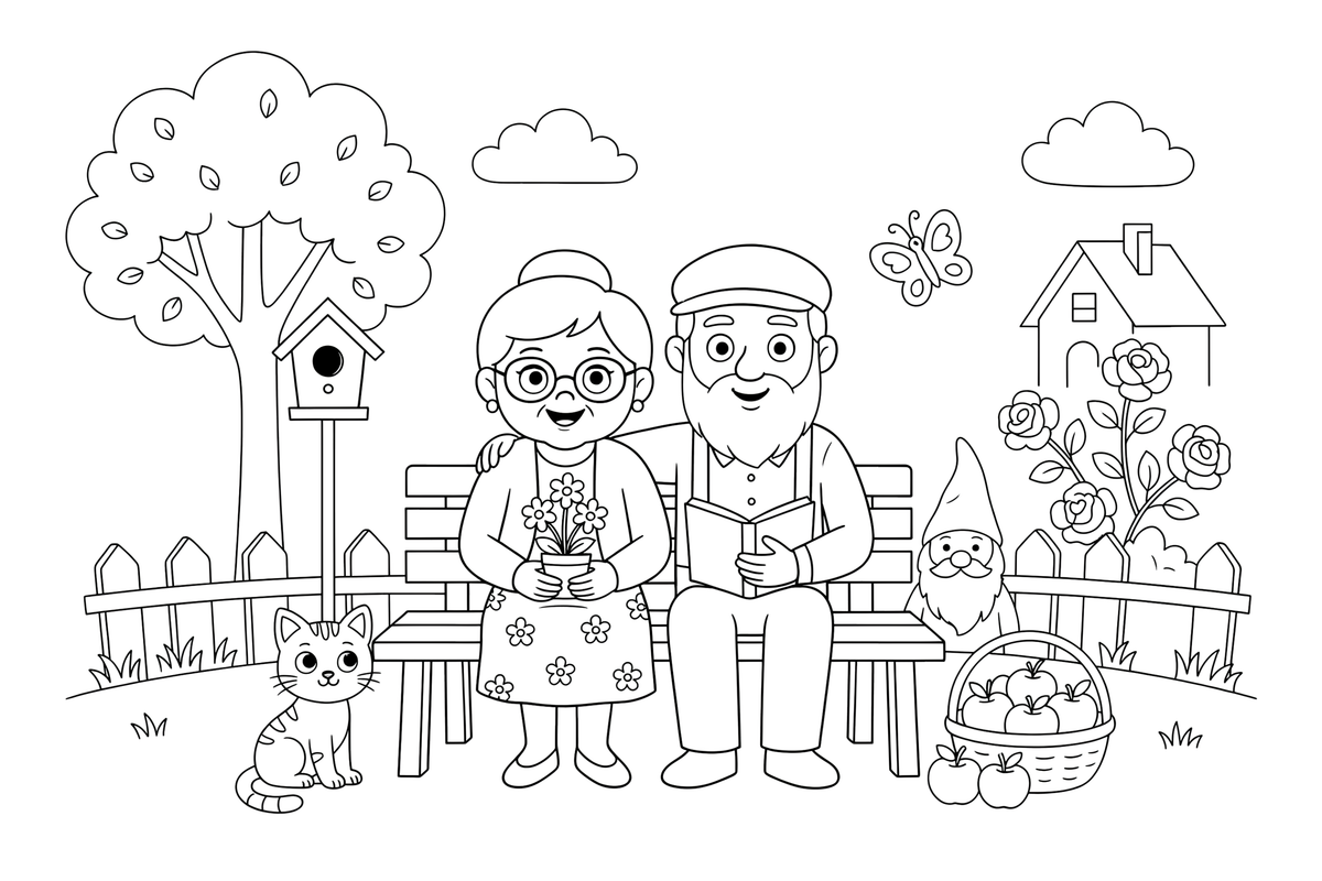 Grandma and grandpa sitting together on a bench – Cherished Grandparent Family coloring page
