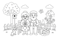 Grandma and grandpa sitting together on a bench – Cherished Grandparent Family coloring page