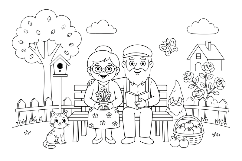 Grandma and grandpa sitting together on a bench – Cherished Grandparent Family coloring page
