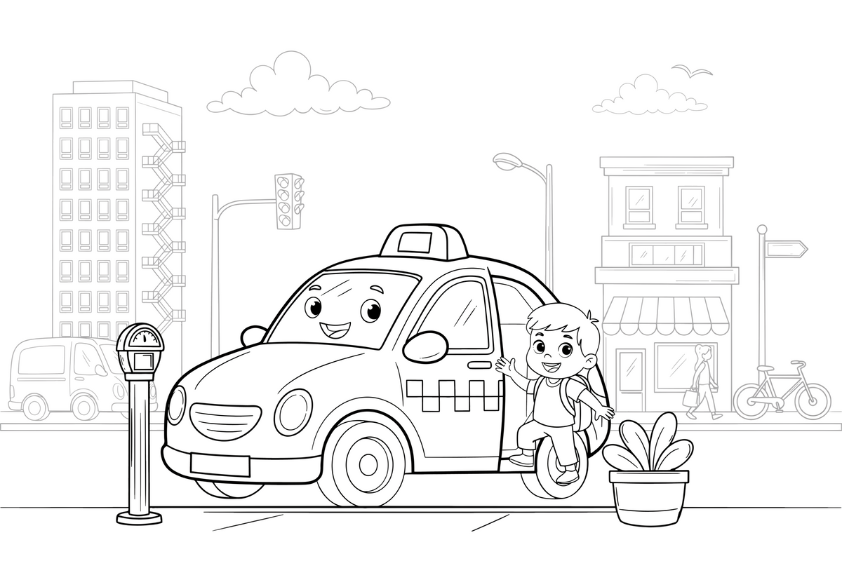 A taxi dropping off a passenger – City City Vehicles coloring page