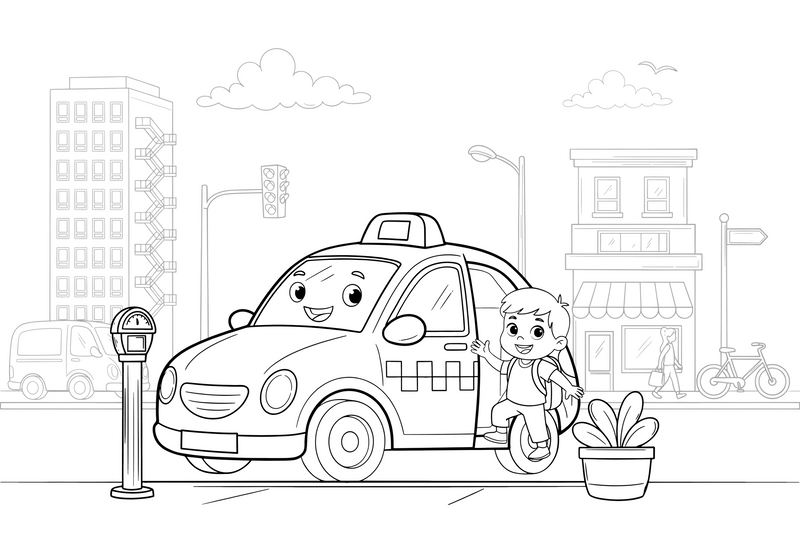 A taxi dropping off a passenger – City City Vehicles coloring page