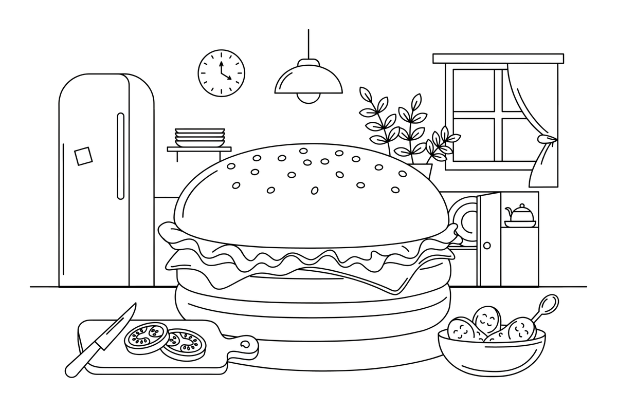 A big burger with lettuce, cheese and a bun – Yummy Meals coloring page