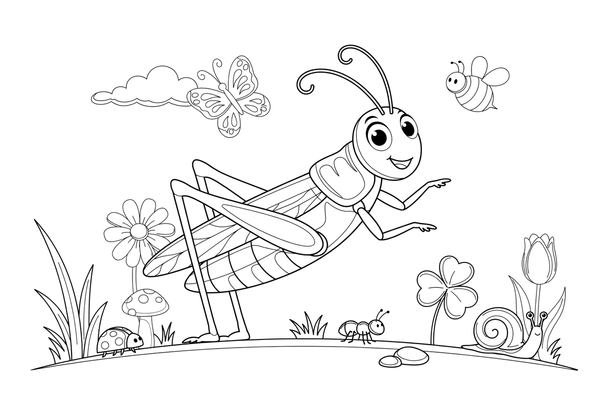 One big grasshopper up close, filling the page, its long jumping legs clear – Insects & Bugs Insect coloring page