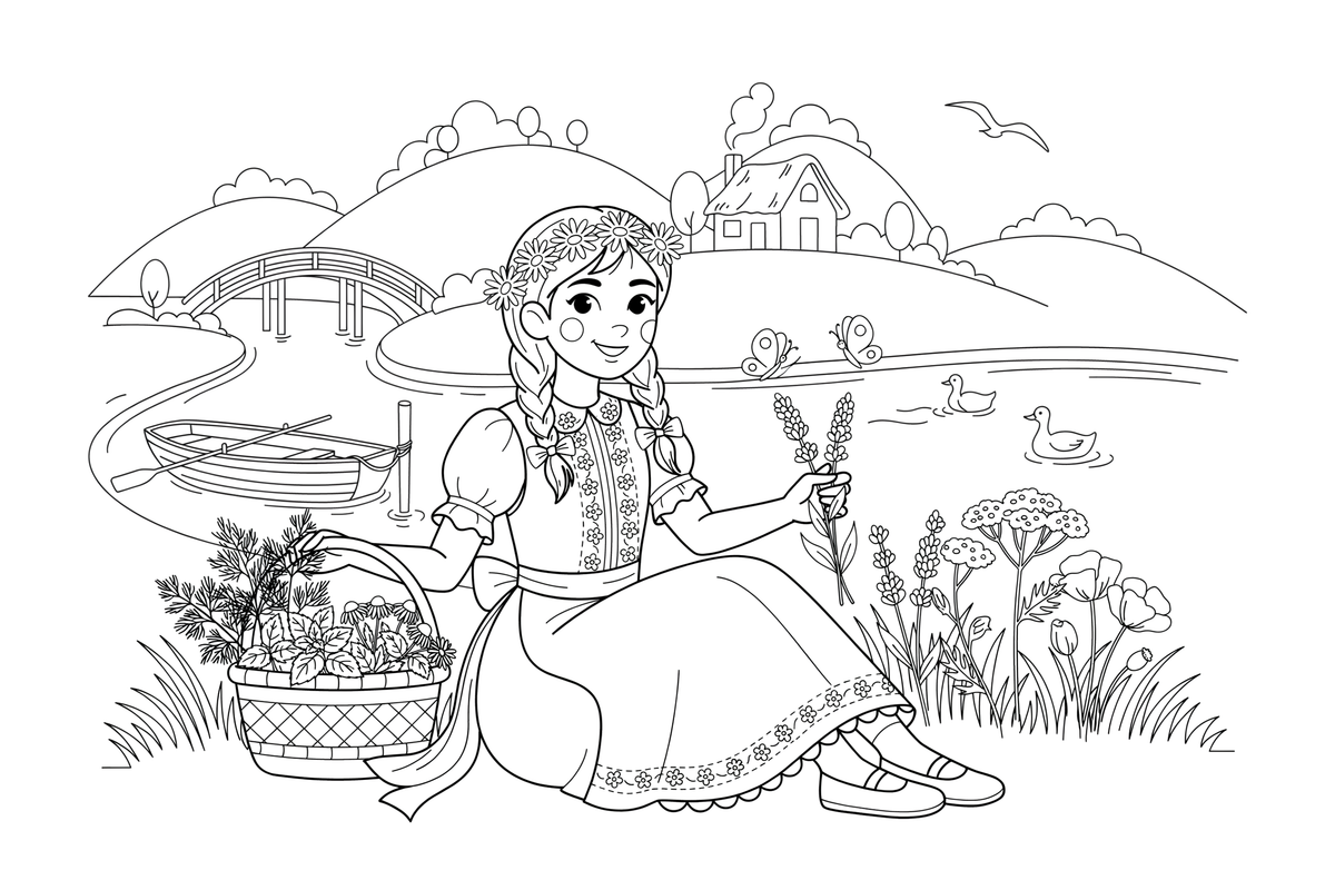 A girl in folk dress sitting by a river with a flower wreath – Herb Day coloring page
