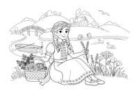 A girl in folk dress sitting by a river with a flower wreath – Herb Day coloring page