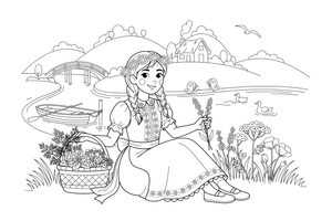 A girl in folk dress sitting by a river with a flower wreath – Herb Day coloring page