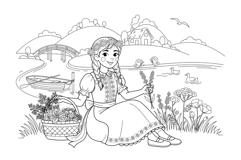 A girl in folk dress sitting by a river with a flower wreath – Herb Day coloring page
