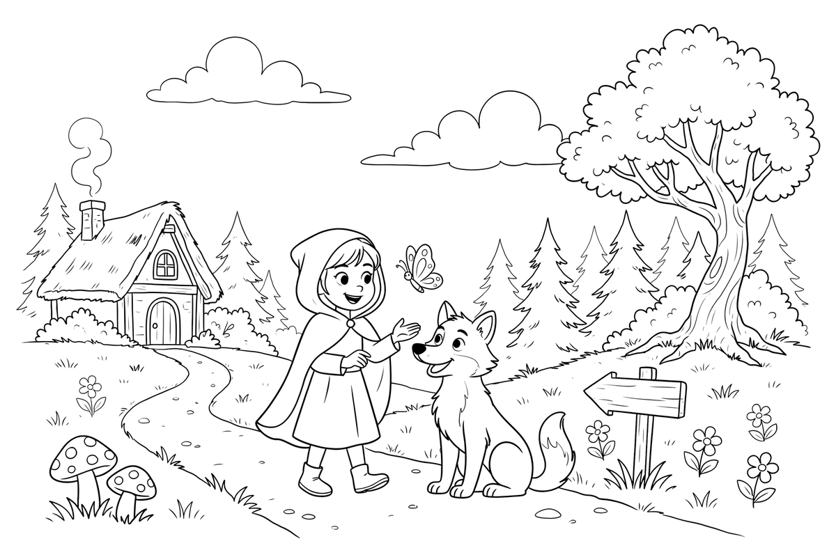 A girl in a cloak meeting a friendly wolf on the path – Fairytale Stories coloring page
