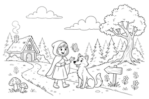 A girl in a cloak meeting a friendly wolf on the path – Fairytale Stories coloring page