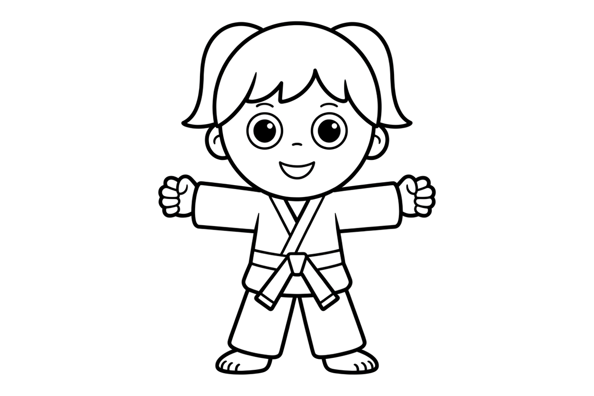 A martial artist girl showing off a black belt – Martial arts Fighters coloring page