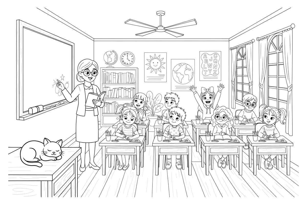 A classroom with a blackboard and desks – School coloring page
