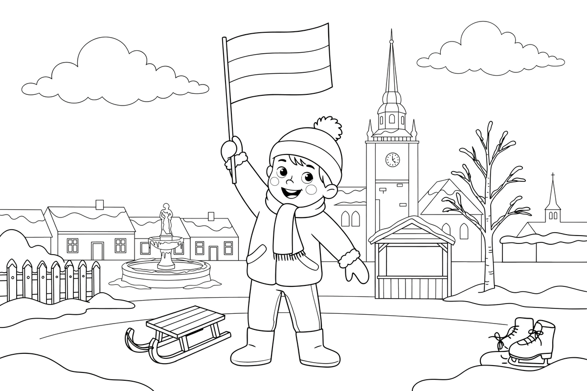 A child holding a small three-striped flag – Day of Restoration of the State of Lithuania Winter coloring page