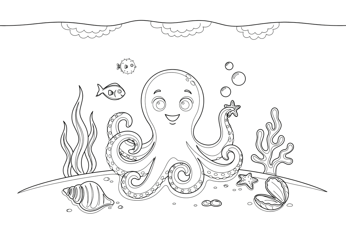 A round octopus with eight wavy arms floating over the sandy bottom with a few shells – Octopus coloring page